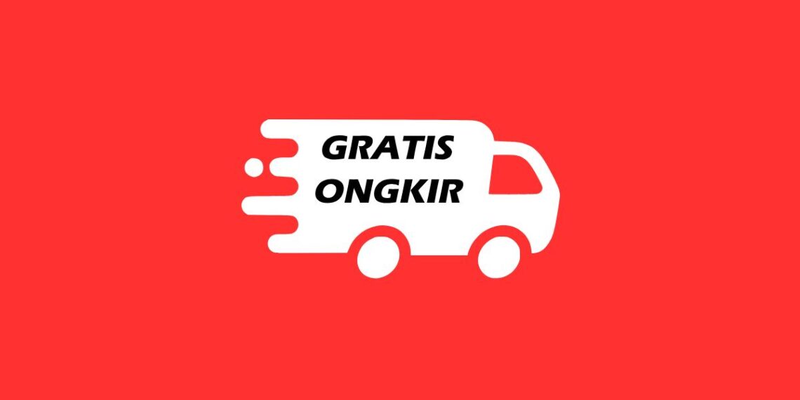 Ilustrasi promo gratis ongkir dengan ikon truk pengiriman dan latar belakang warna merah