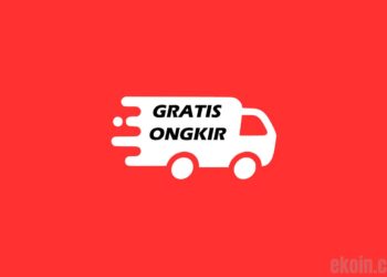 Ilustrasi promo gratis ongkir dengan ikon truk pengiriman dan latar belakang warna merah