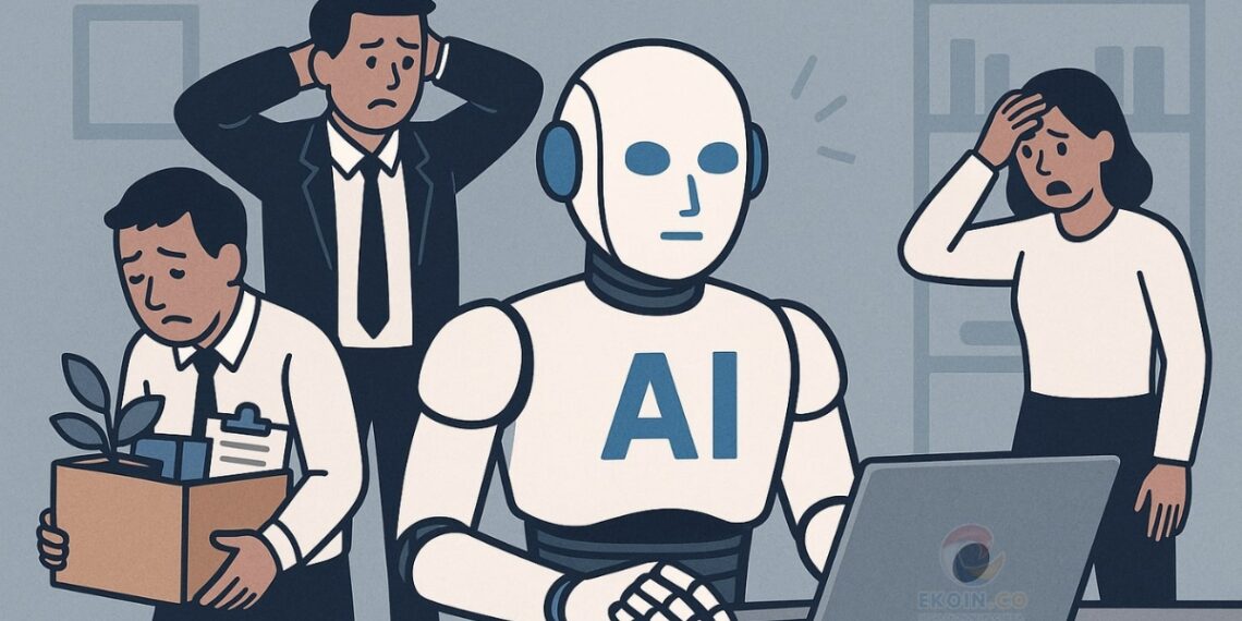 Ilustrasi robot AI memegang laptop dengan pekerja terlihat sedih di belakangnya