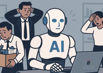 Ilustrasi robot AI memegang laptop dengan pekerja terlihat sedih di belakangnya