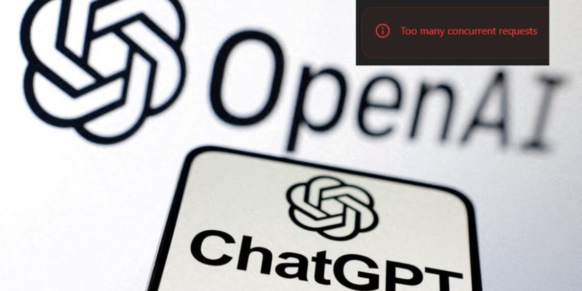Ilustrasi error ChatGPT "Too many concurrent requests" di depan logo OpenAI