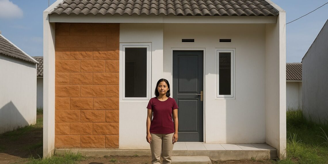 Perempuan berdiri di depan rumah subsidi berukuran 18 meter persegi