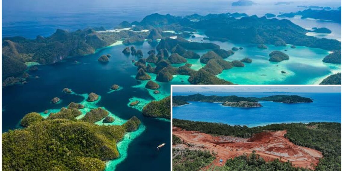 Perbandingan Pulau Raja Ampat sebelum dan sesudah tambang nikel, terlihat hutan alami berubah menjadi lahan terbuka akibat aktivitas pertambangan.
