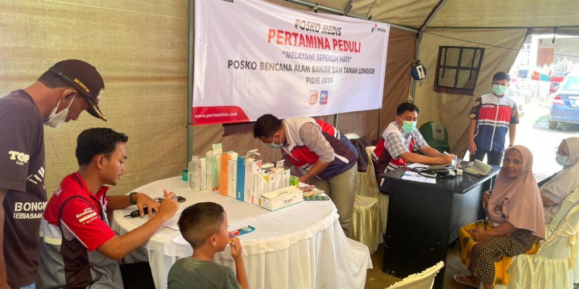 Posko Pertamina Peduli di kompleks Masjid At-Taqwa, Meureudu, Kabupaten Pidie Jaya.Jumat (2/1/2026). Foto: IST