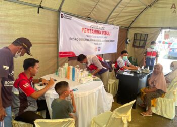 Posko Pertamina Peduli di kompleks Masjid At-Taqwa, Meureudu, Kabupaten Pidie Jaya.Jumat (2/1/2026). Foto: IST