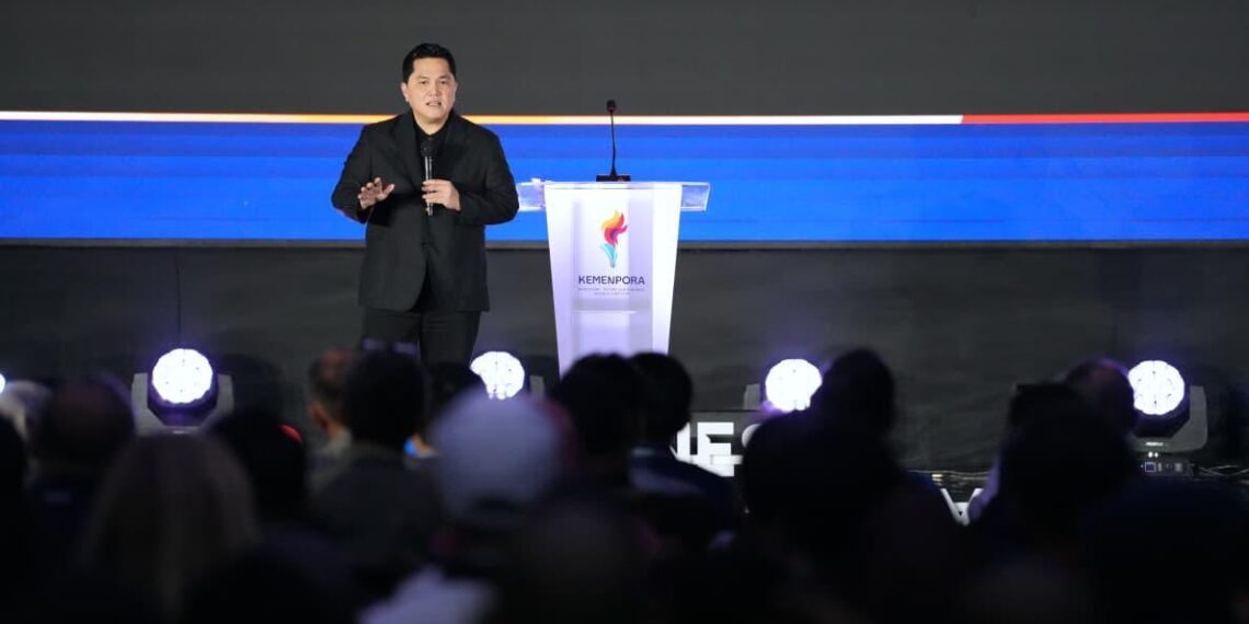 Keynote Speech dari Menpora Erick Thohir pada hari pertama Indonesia Sport Summit 2025 di Main Forum and Exhibiton Indonesia Arena, Sabtu (6/12/2025).