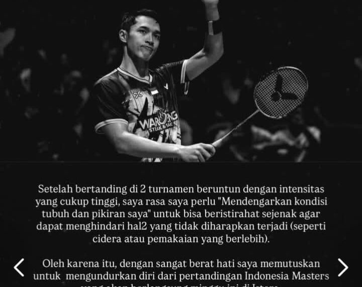 Jonathan Christie memutuskan mundur dari Indonesia master untuk jaga Kebugaran (foto: IG)