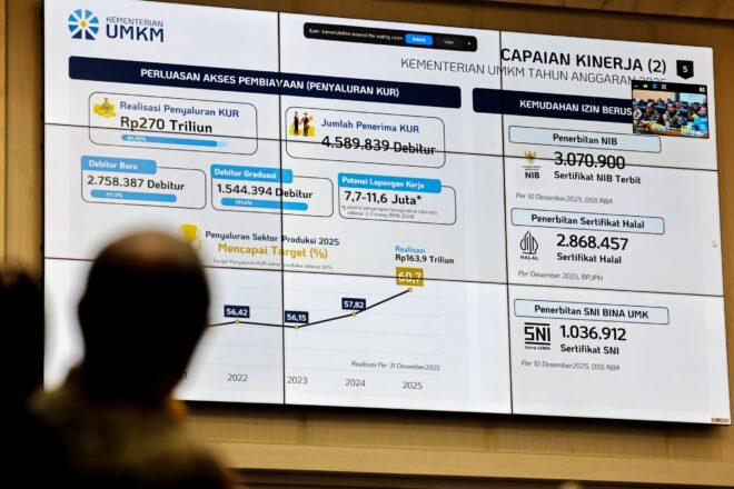 Paparan capaian kinerja Kementerian UMKM Tahun Anggaran 2025 ditampilkan di layar saat rapat kerja bersama Komisi VII DPR RI di Gedung DPR/MPR, Senayan, Jakarta, Selasa (20/1/2026).