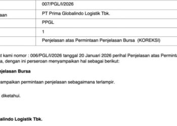 Dokumen keterbukaan informasi PT Prima Globalindo Logistik Tbk. (PPGL) yang dirilis menanggapi permintaan penjelasan dari Bursa Efek Indonesia.