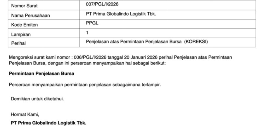 Dokumen keterbukaan informasi PT Prima Globalindo Logistik Tbk. (PPGL) yang dirilis menanggapi permintaan penjelasan dari Bursa Efek Indonesia.
