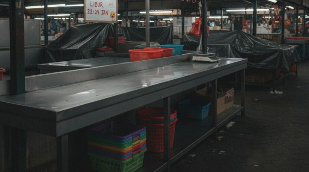 Pemandangan salah satu los daging di pasar tradisional Jabodetabek yang nampak sepi tanpa aktivitas perdagangan, Kamis (22/1/2026). (Ekoin.co/Ilustrasi)