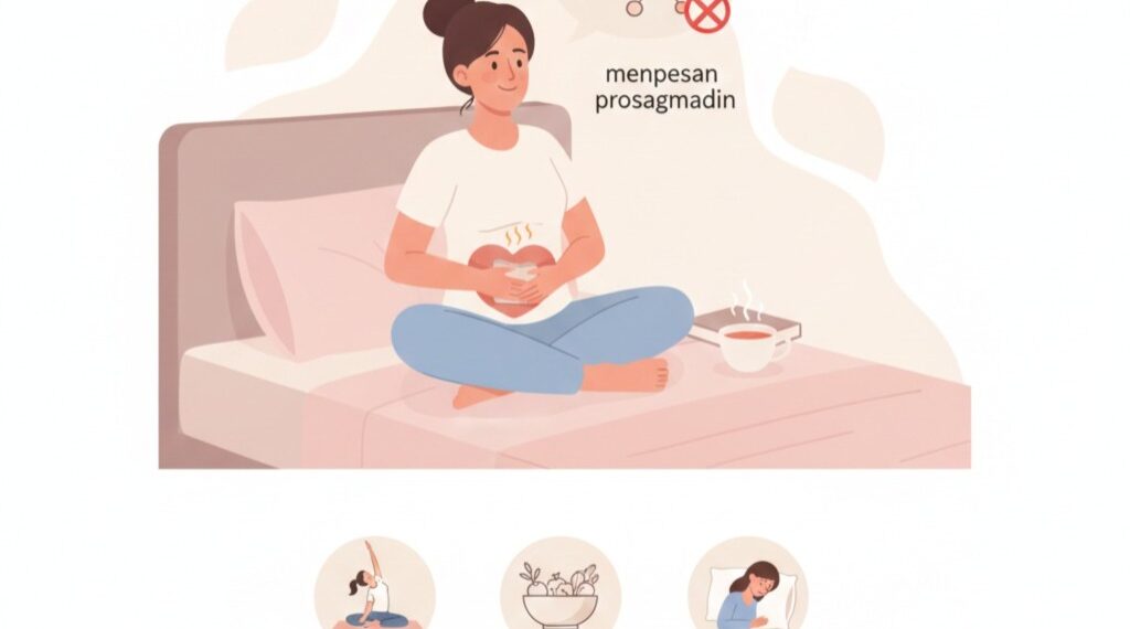 Ilustrasi langkah penanganan nyeri haid melalui pola hidup sehat dan terapi kompres hangat sesuai rekomendasi medis. Pemahaman terhadap peran prostaglandin sangat penting agar perempuan dapat mengelola gejala dismenore secara efektif dan tetap produktif. (Ekoin.co/Ilustrasi/Istimewa)