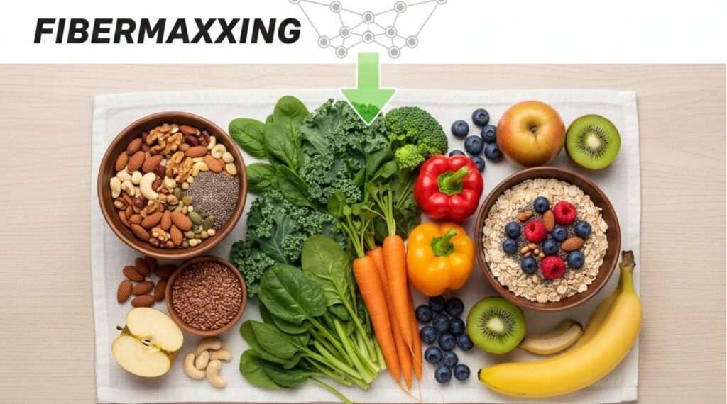 Ilustrasi berbagai sumber makanan tinggi serat seperti kacang-kacangan, sayuran hijau, dan buah-buahan yang dipopulerkan melalui tren fibermaxxing di media sosial. Konsumsi serat minimal 25 gram per hari terbukti secara medis dapat memperbaiki mikrobioma usus dan menurunkan risiko kanker kolorektal secara signifikan. (Ekoin.co/Ilustrasi/Istimewa)