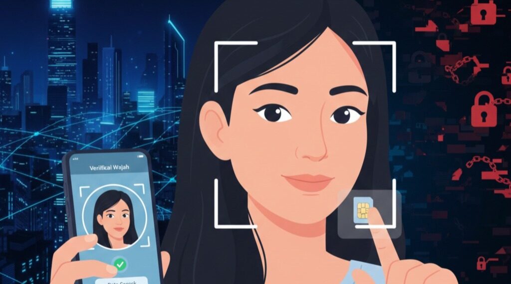 Ilustrasi proses verifikasi biometrik wajah saat melakukan registrasi kartu seluler sesuai aturan terbaru Permenkomdigi Nomor 7 Tahun 2026. Kebijakan ini memberikan kendali penuh kepada masyarakat untuk memantau penggunaan NIK mereka sekaligus menutup celah bagi pelaku kejahatan siber yang kerap menggunakan nomor aktif tanpa identitas sah. (Ekoin.co/Ilustrasi/Istimewa)