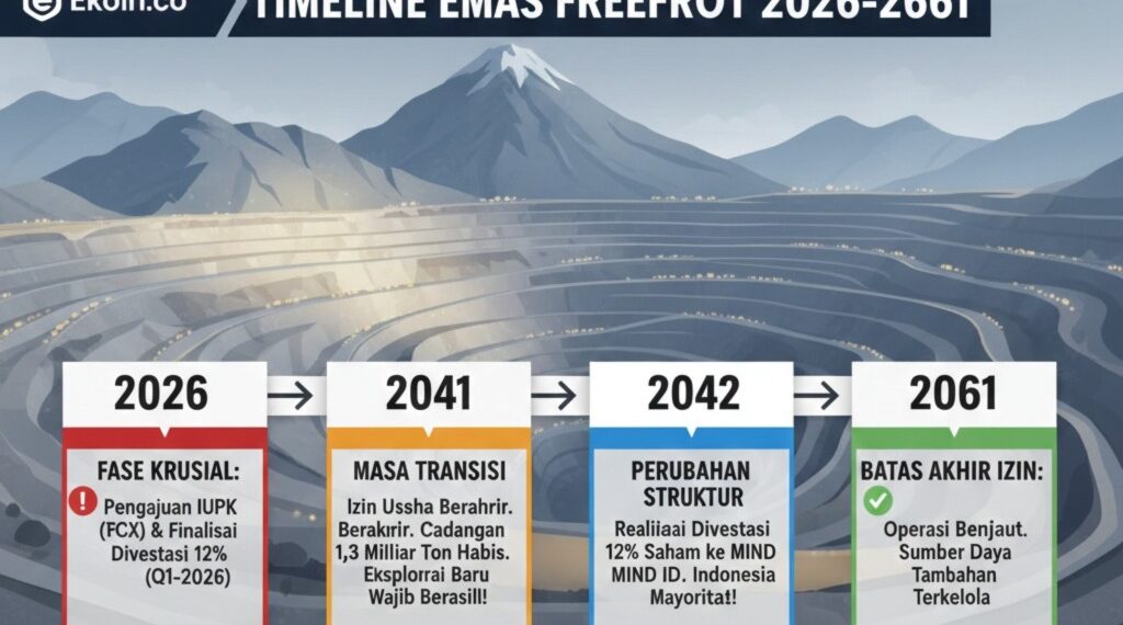 Freeport-McMoRan (FCX) menargetkan pengajuan perpanjangan izin usaha (IUPK) hingga tahun 2061 dilakukan pada tahun 2026 ini, beriringan dengan proses finalisasi divestasi tambahan 12 persen saham kepada pemerintah Indonesia. (Ekoin.co/Ilustrasi/Istimewa)