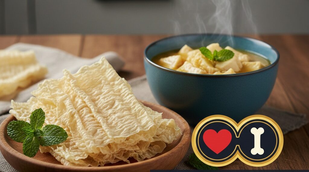 Foto close-up kembang tahu kering yang estetik bersanding dengan semangkuk wedang kembang tahu hangat yang mengepul