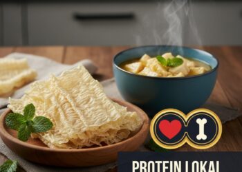 Foto close-up kembang tahu kering yang estetik bersanding dengan semangkuk wedang kembang tahu hangat yang mengepul