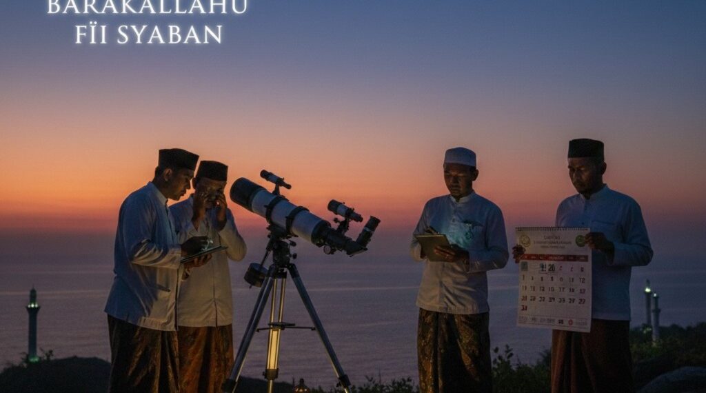Visualisasi langit senja dengan bulan sabit tipis (hilal) di ufuk barat. Di latar depan, tampak aktivitas pengamatan hilal menggunakan teleskop oleh tim ahli falak untuk menentukan pergantian bulan dalam kalender Hijriah.