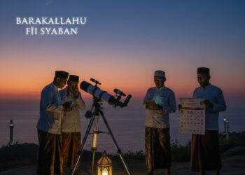 Visualisasi langit senja dengan bulan sabit tipis (hilal) di ufuk barat. Di latar depan, tampak aktivitas pengamatan hilal menggunakan teleskop oleh tim ahli falak untuk menentukan pergantian bulan dalam kalender Hijriah.