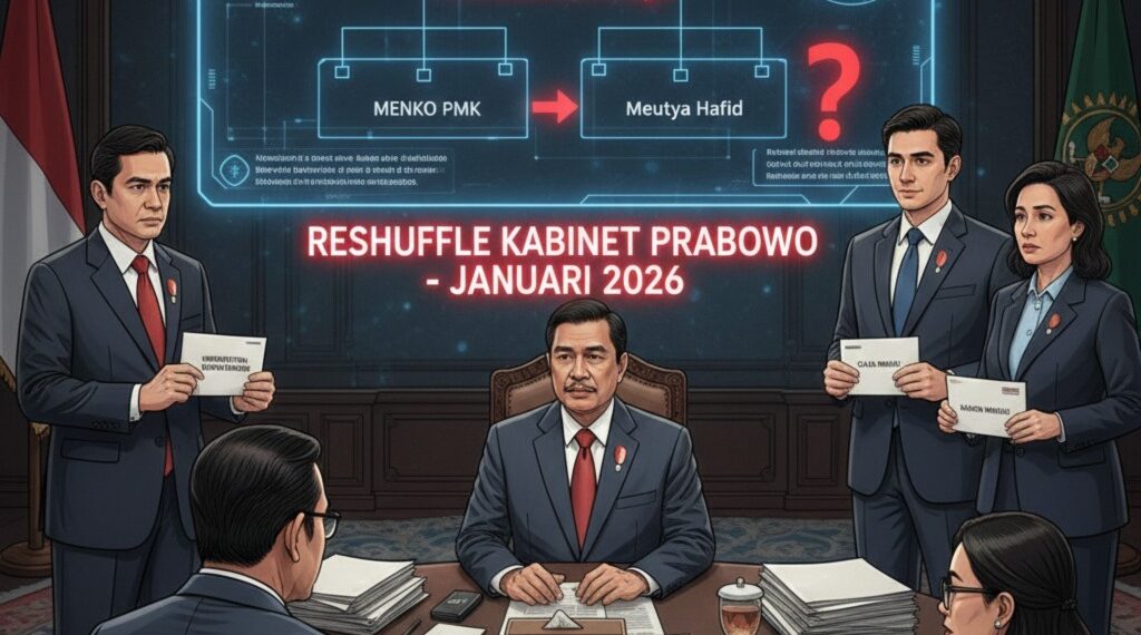 Ilustrasi digital yang menggambarkan skema rencana reshuffle Kabinet Prabowo Subianto pada Januari 2026. Fokus utama tertuju pada pergeseran posisi Menteri Luar Negeri Sugiono dan masuknya nama Budi Djiwandono dalam bursa diplomatik tertinggi, sebagai bagian dari penguatan visi global pemerintah. (Ilustrasi: Ekoin.co)
