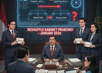 Ilustrasi digital yang menggambarkan skema rencana reshuffle Kabinet Prabowo Subianto pada Januari 2026. Fokus utama tertuju pada pergeseran posisi Menteri Luar Negeri Sugiono dan masuknya nama Budi Djiwandono dalam bursa diplomatik tertinggi, sebagai bagian dari penguatan visi global pemerintah. (Ilustrasi: Ekoin.co)