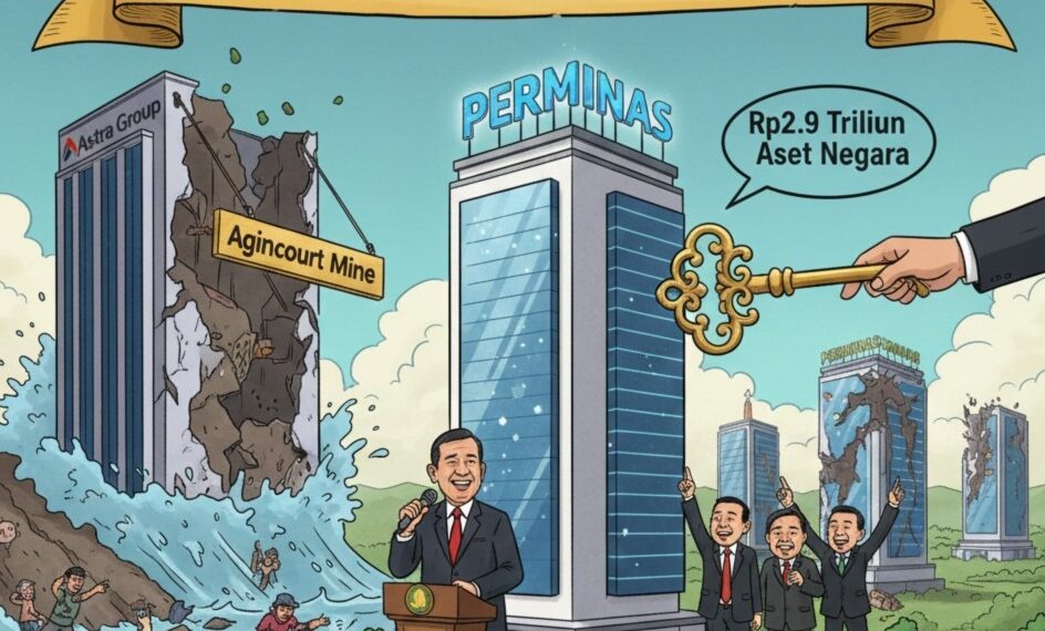 Ilustrasi yang menggambarkan babak baru pengelolaan aset mineral nasional pascabencana banjir besar di Sumatera.