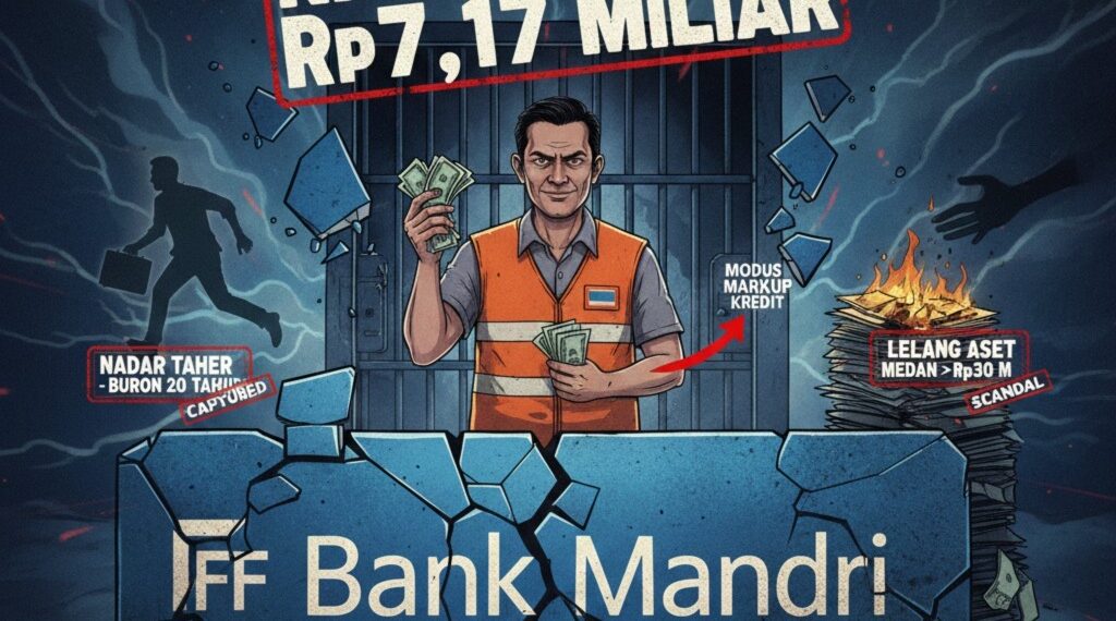 Ilustrasi yang menggambarkan skandal kredit fiktif senilai Rp7,17 miliar di Bank Mandiri Cabang Bima