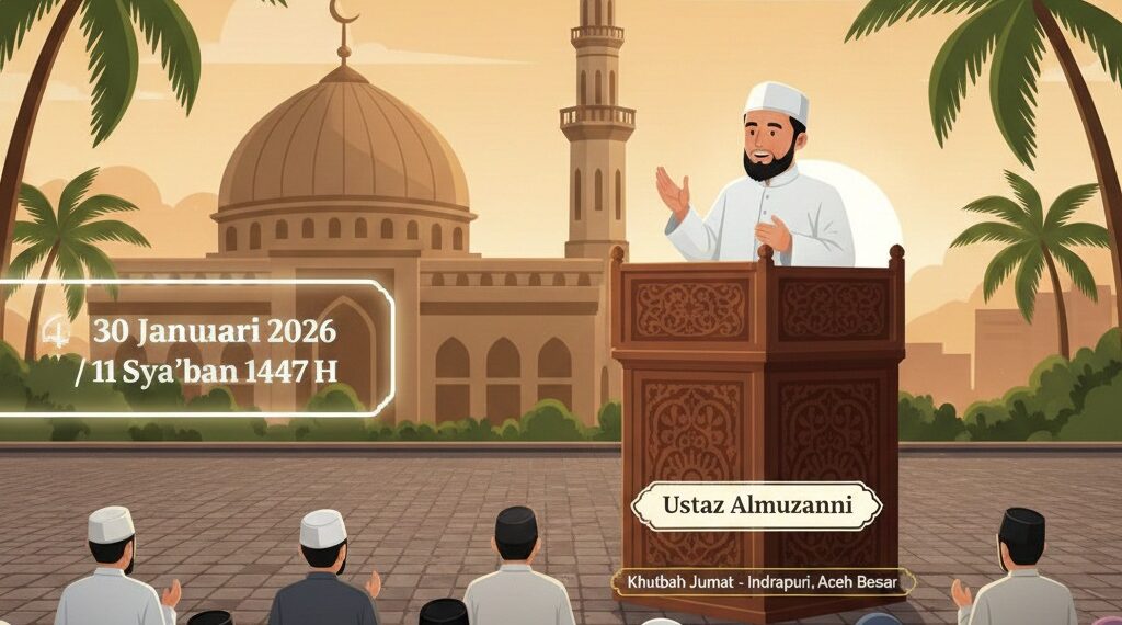 Ustaz Almuzanni S.Sos M.Sos saat menyampaikan khutbah Jumat di Masjid Baitul Maqdis Seuot, Indrapuri, Aceh Besar, Jumat (30/1/2026). (Foto: Istimewa)