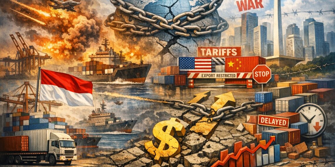 Ilustrasi: Aktivitas pelabuhan dan jalur logistik internasional yang menggambarkan tekanan geopolitik global, perang tarif, dan proteksionisme terhadap rantai pasok dunia, sekaligus menegaskan pentingnya ketahanan sistem logistik nasional Indonesia dalam menjaga daya saing ekonomi di tengah ketidakpastian global.