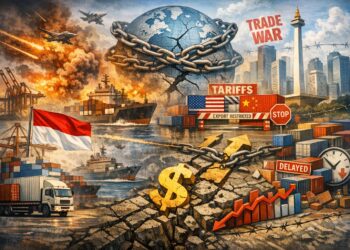 Ilustrasi: Aktivitas pelabuhan dan jalur logistik internasional yang menggambarkan tekanan geopolitik global, perang tarif, dan proteksionisme terhadap rantai pasok dunia, sekaligus menegaskan pentingnya ketahanan sistem logistik nasional Indonesia dalam menjaga daya saing ekonomi di tengah ketidakpastian global.