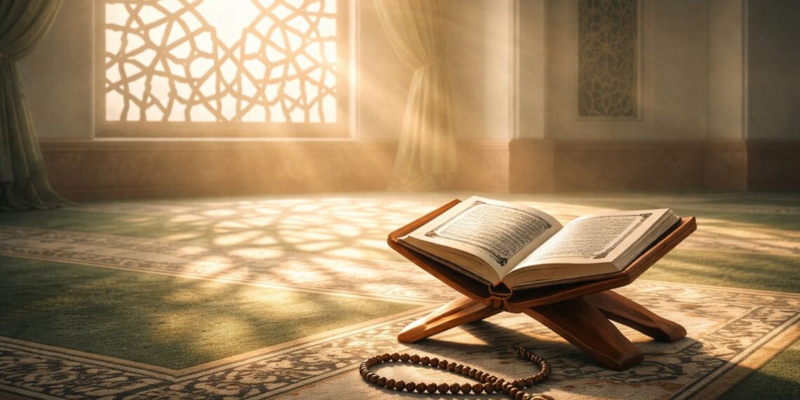 Ilustrasi ini menggambarkan ketenangan, kejernihan hati, dan refleksi batin sebagai persiapan menyambut bulan suci Ramadhan di bulan Sya’ban.