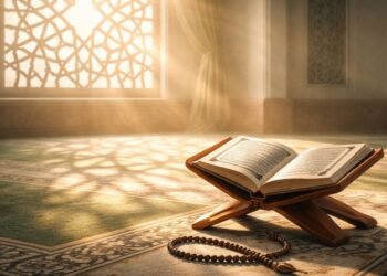 Ilustrasi ini menggambarkan ketenangan, kejernihan hati, dan refleksi batin sebagai persiapan menyambut bulan suci Ramadhan di bulan Sya’ban.