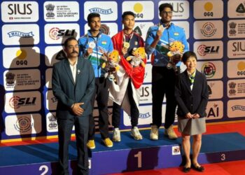 Briptu Muhamad Fawwaz Aditia Farrel, anggota Batalyon C Pelopor Satuan Brimob Polda Metro Jaya, raih medali emas di Asian Rifle, Pistol Championship 2026 di New Delhi, India. Humas Polri