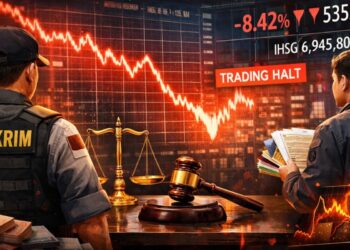 Ilustrasi visual: Grafik IHSG turun drastis ditampilkan di layar monitor Bursa Efek Indonesia.