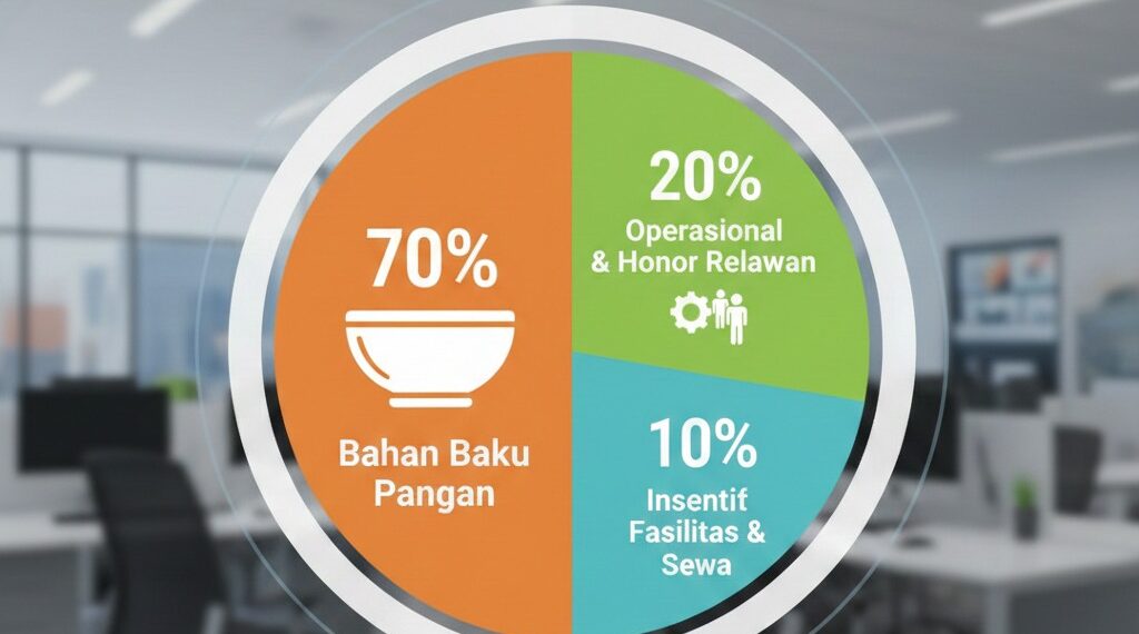 Grafik alokasi anggaran Makan Bergizi Gratis (MBG) 2026 yang dikelola oleh Satuan Pelayanan Pemenuhan Gizi (SPPG). Badan Gizi Nasional menegaskan bahwa 70 persen dana digunakan untuk bahan baku pangan guna menjamin standar gizi bagi penerima manfaat, Selasa (17/2/2026).