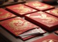 Deretan amplop merah atau Angpao dengan dekorasi emas yang siap dibagikan pada perayaan Tahun Baru Imlek