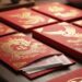 Deretan amplop merah atau Angpao dengan dekorasi emas yang siap dibagikan pada perayaan Tahun Baru Imlek