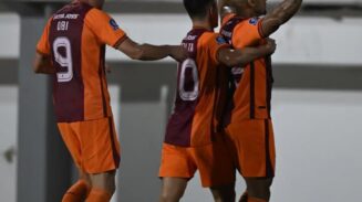 Selebrasi, pemain Borneo FC melakukan selebrasi dalam laga melawan Arema Malang. Borneo berhasil menang 3-1 dalam laga tersebut (ig Borneo)