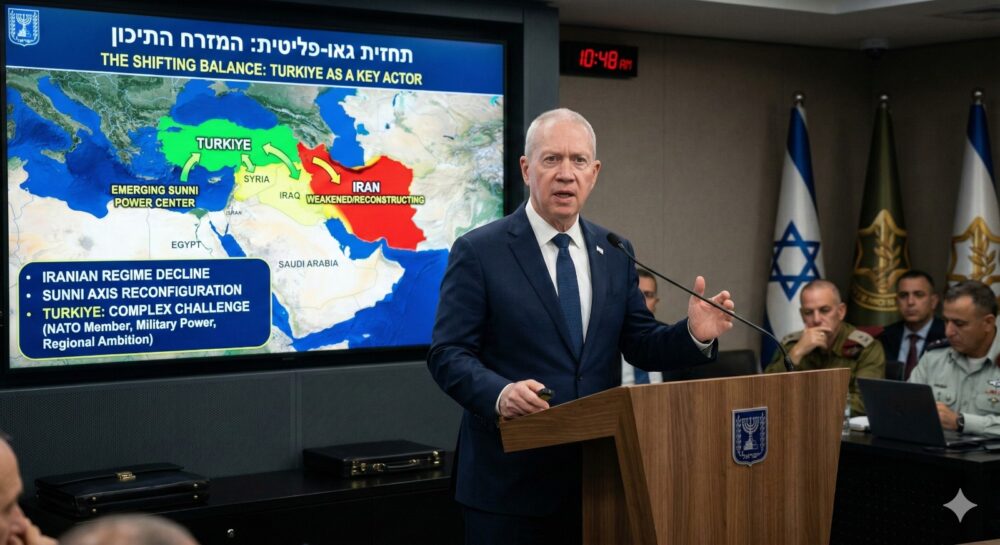 Mantan Menteri Pertahanan Israel Yoav Gallant saat memberikan paparan strategis. Gallant mengingatkan bahwa runtuhnya rezim Teheran dapat memicu pergeseran keseimbangan kekuatan di dunia Sunni yang menempatkan Turki sebagai aktor kunci yang lebih sulit dihadapi Israel di masa depan. (Foto: Dok.stimewa)