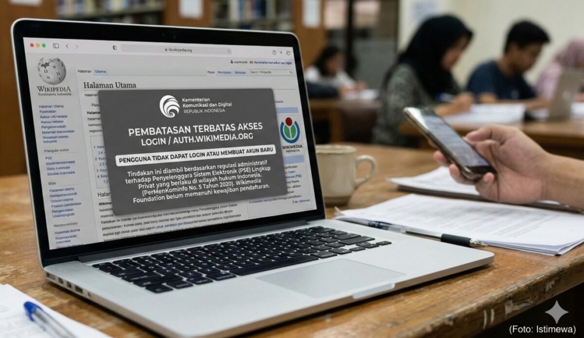 Tangkapan layar laman Wikimedia Indonesia. Pembatasan fitur login oleh Kemkomdigi terhadap subdomain autentikasi Wikimedia menjadi pengingat bagi seluruh penyelenggara sistem elektronik global untuk mematuhi regulasi administratif yang berlaku di wilayah hukum Indonesia. (Foto: Istimewa)