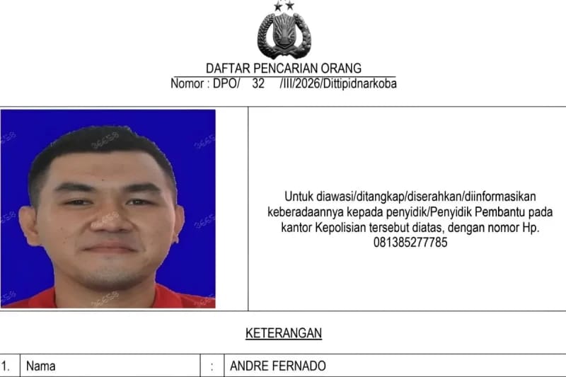 Wajah dan ciri-ciri Andre Fernando alias Ko Andre yang masuk dalam daftar pencarian orang (DPO) Polri. Keberadaannya sangat dicari terkait peredaran narkoba lintas negara dengan modus kiriman paket kargo. (Foto: Istimewa)
