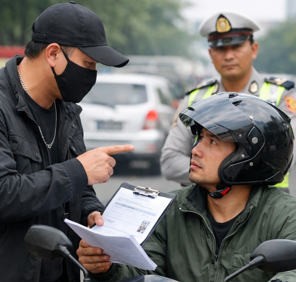 Ilustrasi penagihan kredit kendaraan oleh debt collector di jalan raya. Polisi mengimbau masyarakat memahami hak hukum agar tidak menjadi korban penyitaan sepihak.