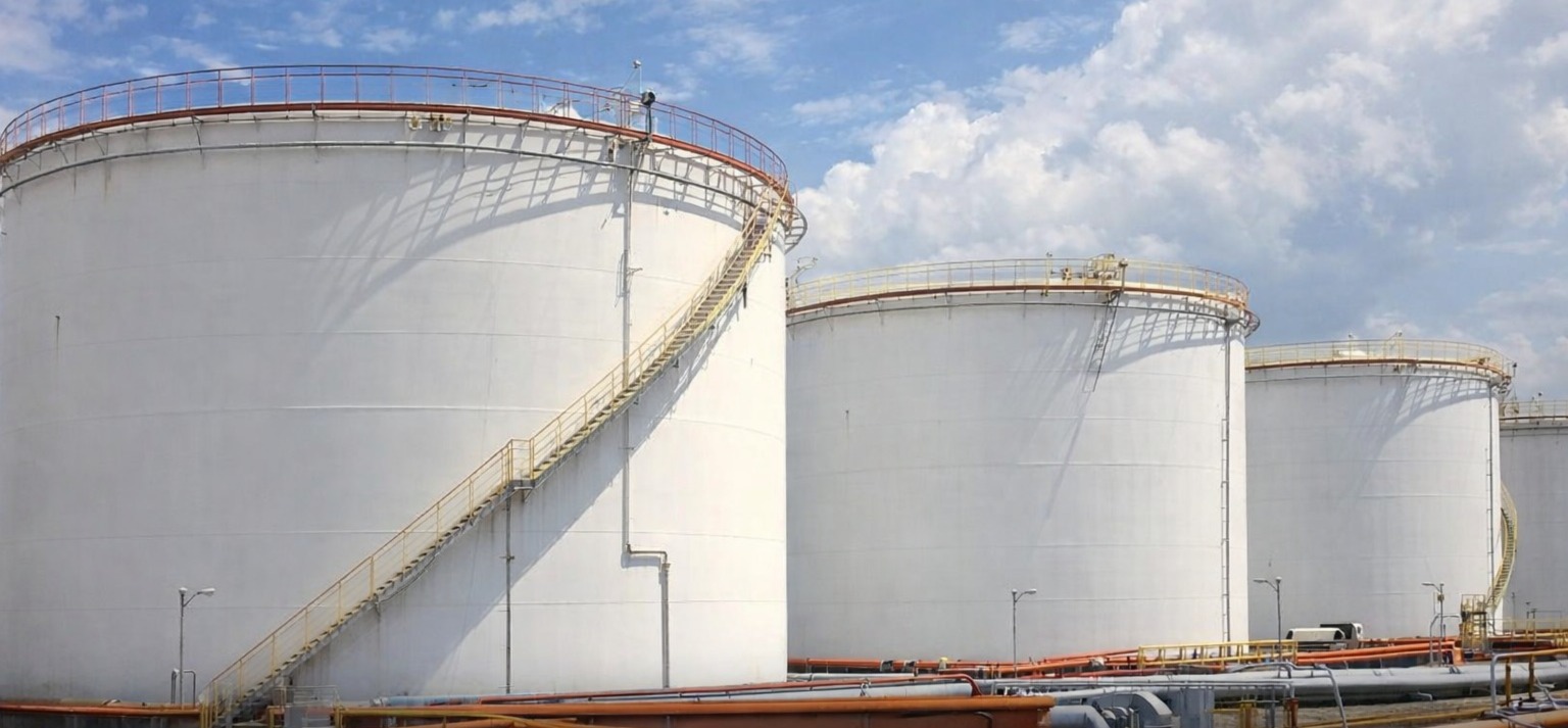 Ilustrasi tangki penyimpanan bahan bakar minyak (BBM). Pemerintah berencana meningkatkan kapasitas cadangan energi nasional dari sekitar 25 hari menjadi 90 hari untuk menghadapi potensi krisis pasokan minyak global.