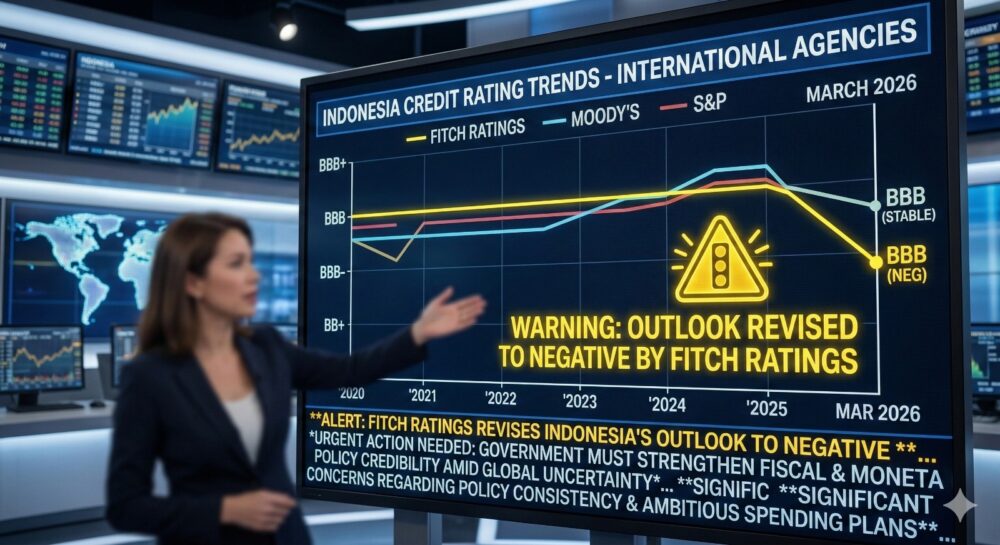 Grafik pergerakan peringkat kredit Indonesia menurut lembaga internasional. Revisi prospek menjadi negatif oleh Fitch Ratings merupakan sinyal kuning bagi pemerintah untuk segera membenahi kredibilitas bauran kebijakan fiskal dan moneter di tengah ketidakpastian global.