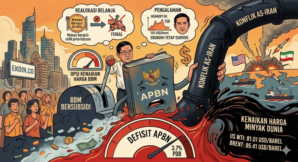 Ilustrasi ini memvisualisasikan tekanan berat yang dihadapi APBN Indonesia akibat gejolak harga minyak mentah dunia.