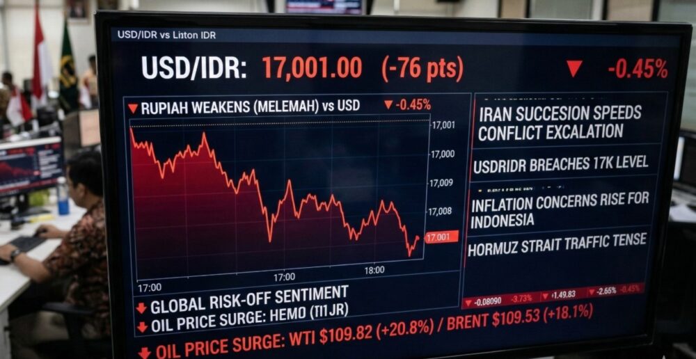 Layar perdagangan yang menampilkan pergerakan nilai tukar rupiah terhadap dolar AS. Rupiah melemah di tengah sentimen risk off global akibat lonjakan harga minyak dunia dan meningkatnya ketegangan di Timur Tengah.