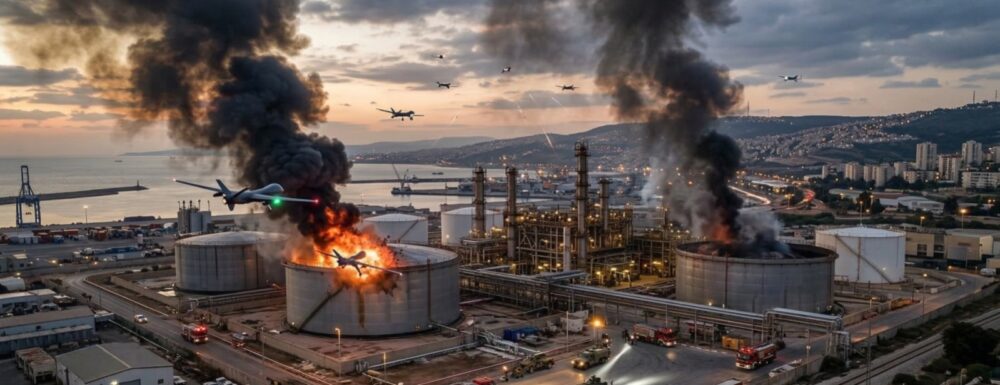 Ilustrasi serangan drone Iran ke fasilitas kilang minyak dan tangki bahan bakar Israel di Haifa di tengah meningkatnya konflik militer antara Iran, Israel, dan Amerika Serikat.