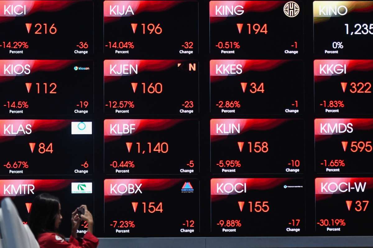 Monitor layar bursa menunjukkan pergerakan IHSG yang ditutup melemah 0,53 persen ke level 6.989,43 pada Senin (6/4/2026). Pelemahan indeks dipicu oleh sentimen negatif global dan fluktuasi nilai tukar rupiah yang menekan minat investasi di sektor keuangan dan teknologi. (Foto: Ist/Ekoin)