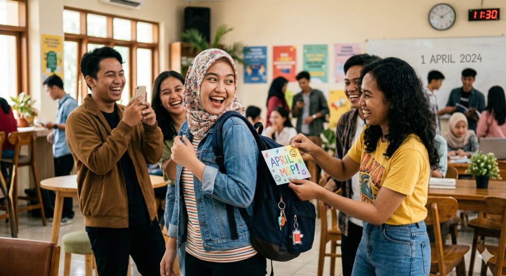 Ilustrasi tradisi April Mop, di mana seseorang menjadi korban lelucon ringan sebagai bagian dari perayaan 1 April.