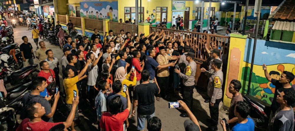 Ilustrasi Warga berkumpul di depan TK Tunas Harapan, Pasar Kemis, saat penggerebekan dugaan perselingkuhan oknum polisi dengan guru TK.